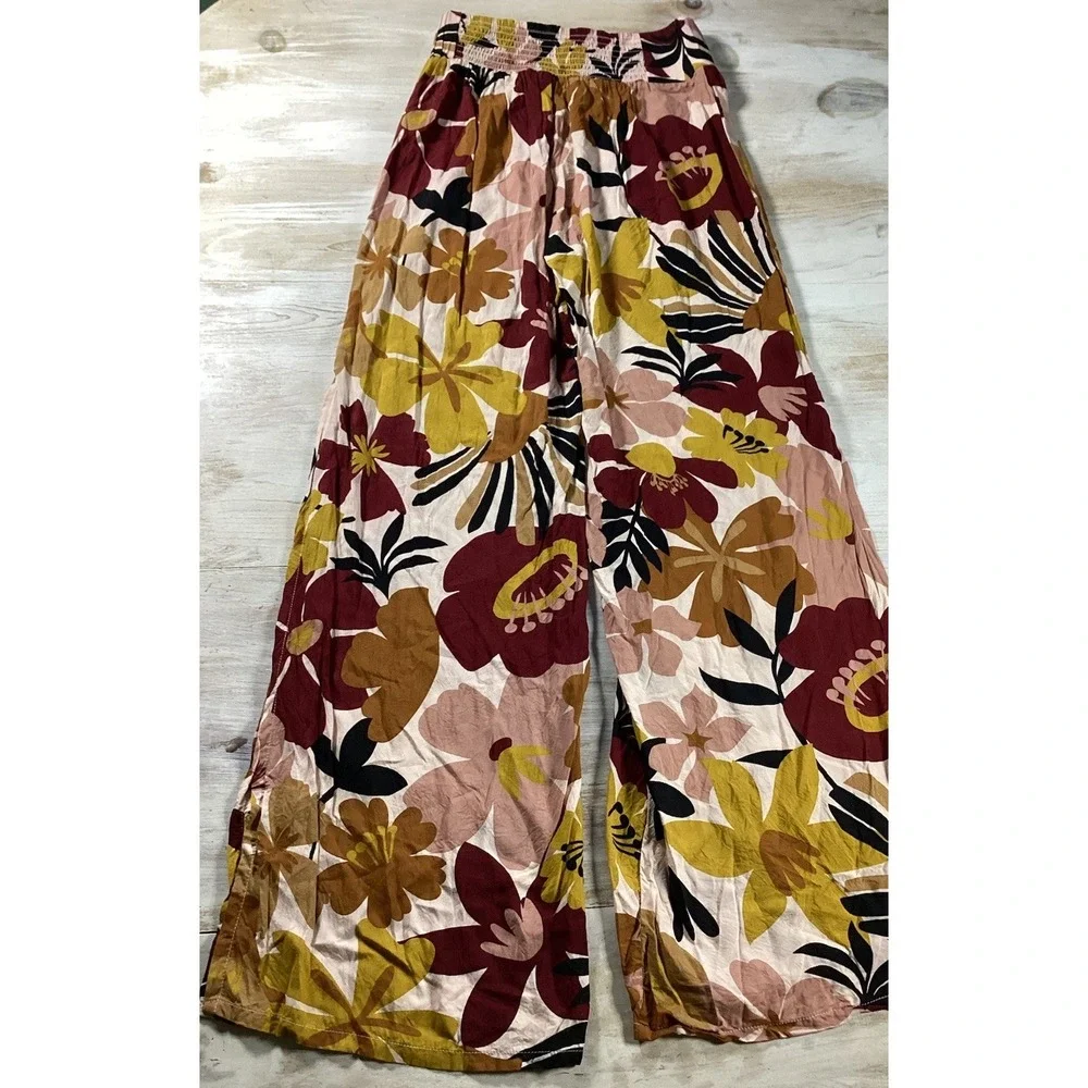 Elan Floral Pants Orange Burgundy Fall Palazzo Pants Women's Small Boho Hippie - Picture 2 of 9